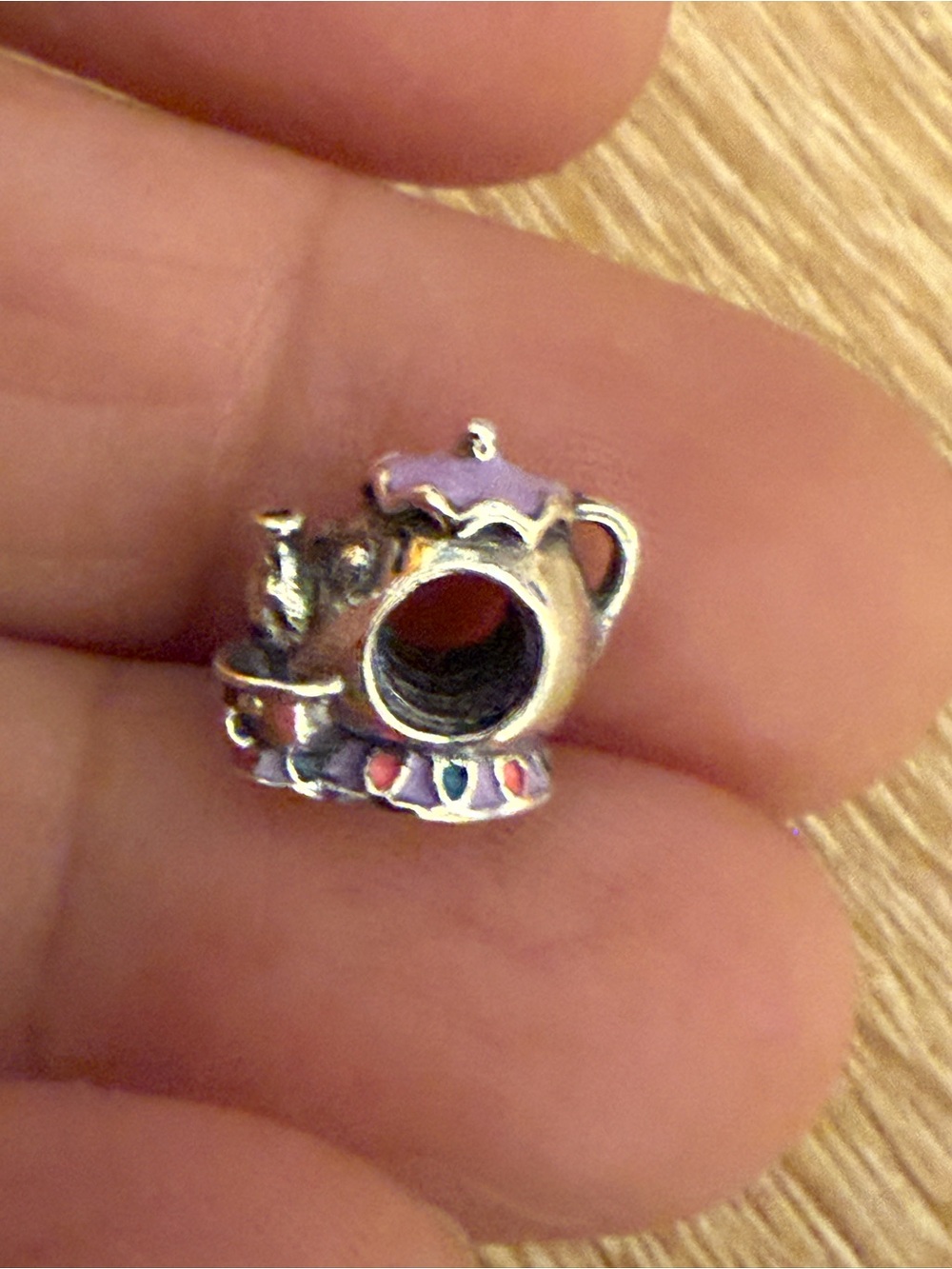 Pandora Silver Teapot Charm with Purple and Pink Accents